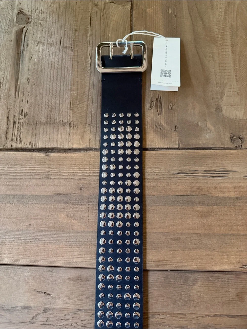 Tory Burch Black Leather Studded Belt with Silver Hardware
